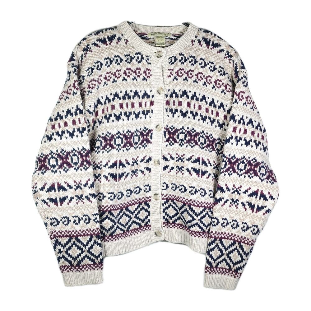 Eddie Bauer Cream Fair Isle Button-Up Cardigan with Navy and Purple Accents